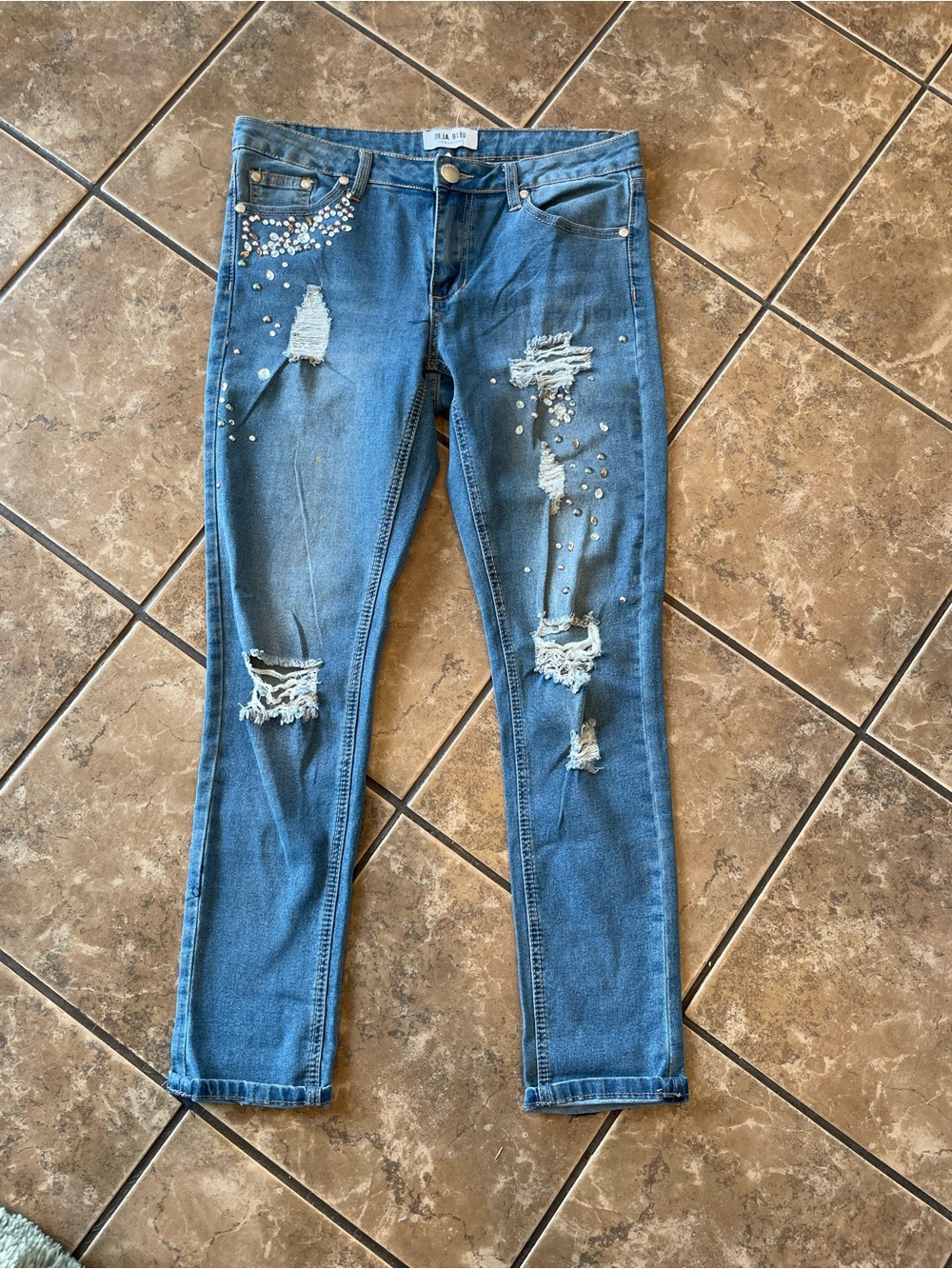 Deja Bleu Distressed Blue Women's Skinny Jeans with Embellishments size 7